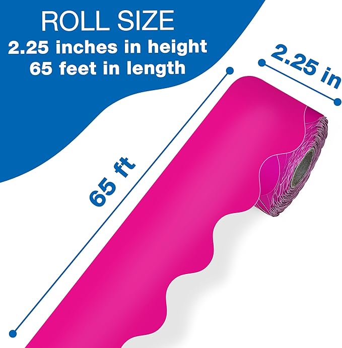 Carson Dellosa Education 65Ft of Hot Pink Bulletin Board Borders, 1 Roll of Scalloped Trim for Rolling Whiteboard, Cork and Posterboard, Valentines Day Decorations, Party, and Classroom Decor