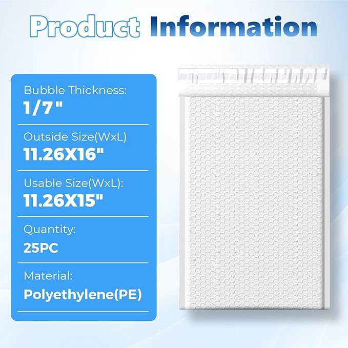Metronic Bubble Mailers 11.26x16" 25 Pack Padded Envelopes with 1/7" Thickened Bubble Waterproof Mailing Envelopes Usable Size 11.26x15" Large Shipping Bag for Valuables,10.5x15" Item, Business, White