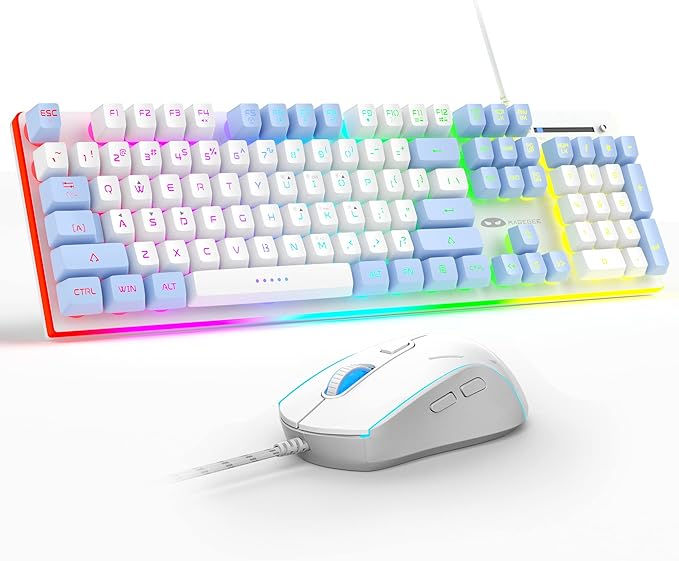 MageGee GT838 Gaming Keyboard and Mouse Combo, 104 Keys RGB Backlit Quiet Wired Keyboards for Laptop PC MAC, with Number Pad, Metal Panel, Anti-Ghosting, White Blue