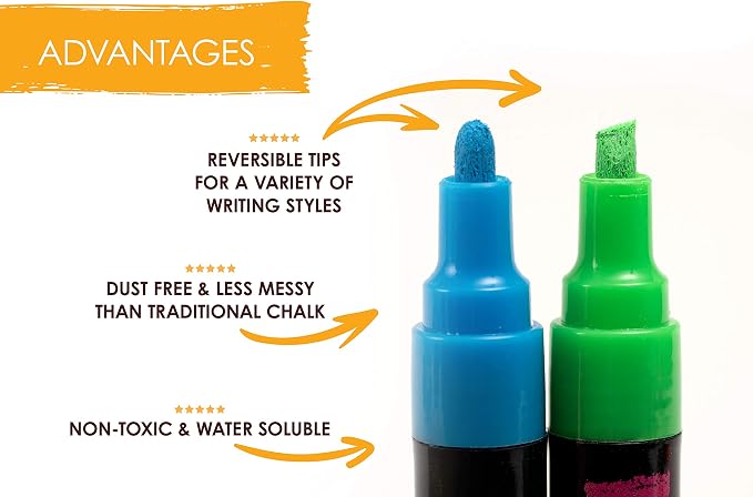 Bandle B. Chalk Markers - 4 White, Erasable, Non-Toxic, Water-Based, Reversible Tips, Crisp White For Kids and Grown-Ups for Glass and Chalkboard Markers for Businesses, Restaurants (6mm)