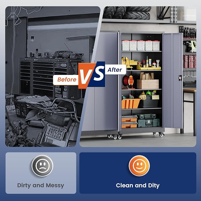 Metal Garage Storage Cabinet with Locking Doors and Adjustable Shelves,- 75" Rolling Steel Tool Cabinet for Home Office,Garage,Warehouse