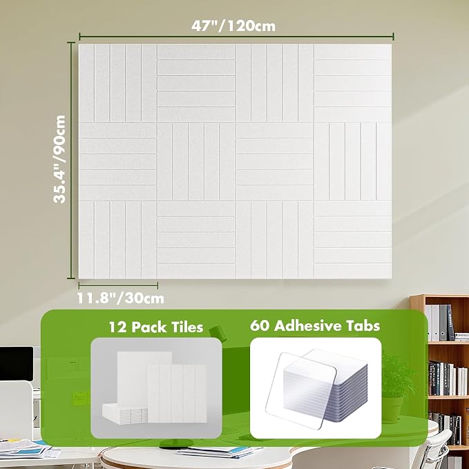 48" x 36" Large Felt Bulletin Board 1/2" Thick, White | 12 Pack Felt Tiles, Cork Board Alternative, 60 Adhesive Tabs, Pin Board for Home Office Decor with Easy Install