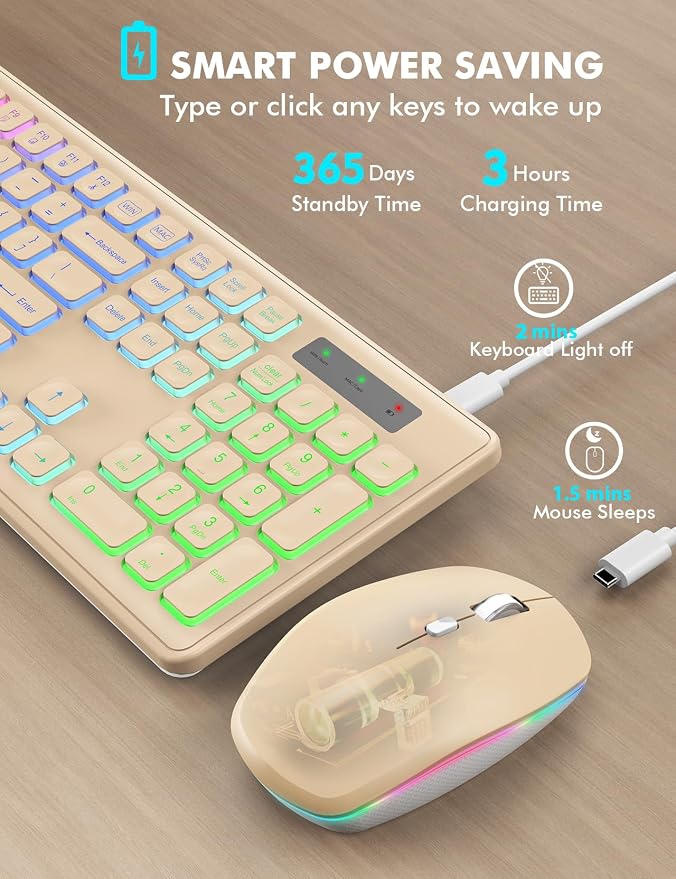 Wireless Keyboard and Mouse Combo with RGB Backlit, Rechargeable | Light Up Letters, Full-Size, Soft Typing, Sleep Mode, 2.4GHz Quiet Keyboard Set for Mac, Windows, Laptop, PC, Trueque KM42Pro
