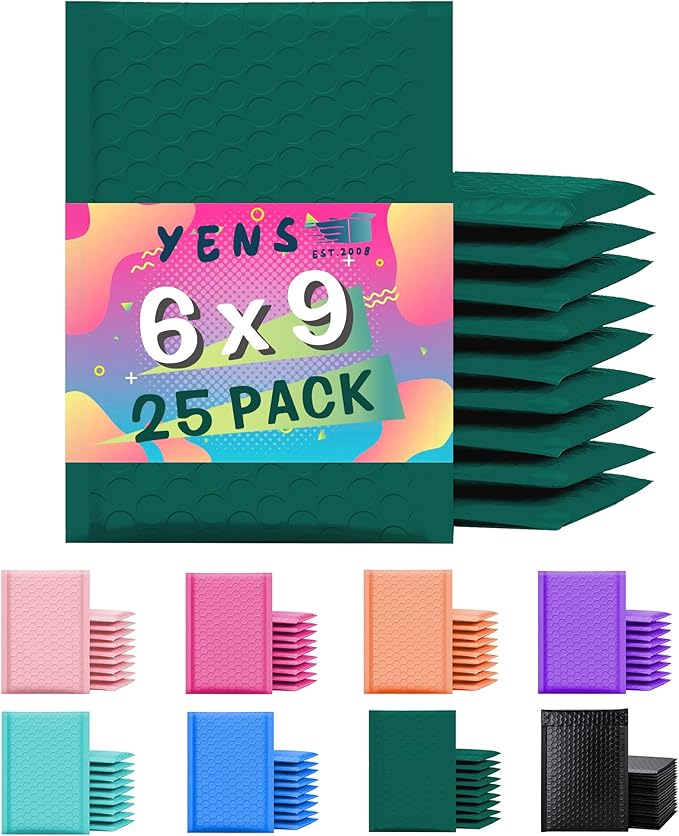 Yens Poly Bubble Mailers 6x10 25 Pack Green Waterproof Self Seal Adhesive Shipping Bags, Cushioning Padded Envelopes for Shipping, Mailing, Packaging Usable 6x9
