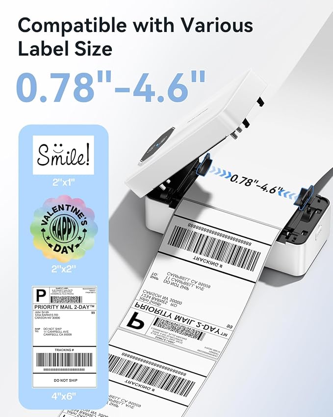 TATTMUSE Bluetooth Thermal Shipping Label Printer, A646 Wireless 4x6 Label Printer for Small Business and Shipping Packages, Compatible with iPhone Android Windows Mac, Amazon, USPS, UPS, White