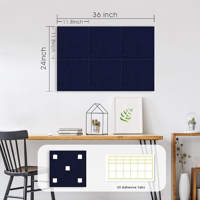 36" x 24" Large Felt Bulletin Board 1/2" Thick, Dark Blue | 6 Pack Felt Tiles, Cork Board Alternative, 30 Adhesive Tabs, Pin Board for Home Office Decor with Easy Install
