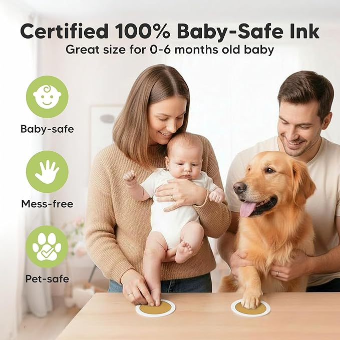 2-Pack Round Inkless Baby Hand and Footprint Kit - Mess Free Ink Pad for Newborn Keepsake, Dog Nose & Paw Print Kit, Clean Touch Ink Pad for Baby Hand & Footprints, Ideal New Mom Gifts (Gold)