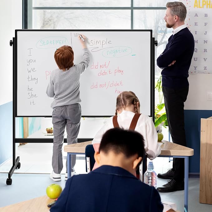 OLIXIS Magnetic Whiteboard with Wheels 46" x 32", Dry Erase Board with Adjustable Rolling Stand, Heavy-Duty Aluminum Frame & Accessory Tray for Office, Classroom, Home & Presentations, Black