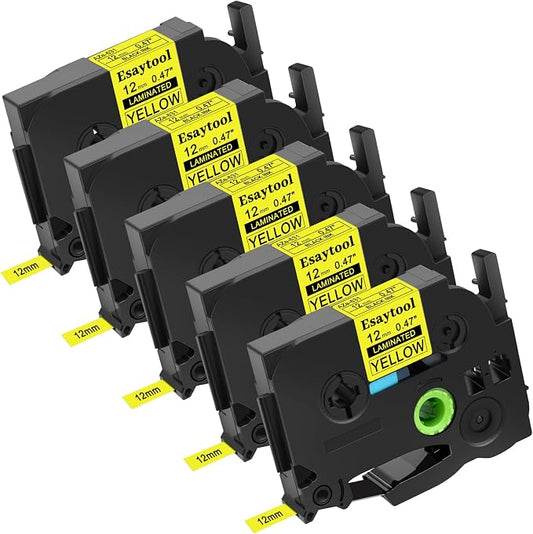 5 Pack Compatible with P-Touch TZe-631 AZE-631 TZ-631 Black on Yellow 12mm 0.47'' Laminated Label Tape Replacement for Ptouch PT-H100 PT-D200 D210 D400 PT-P700 PT-1000 PT-2030 Label Maker