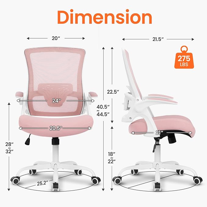 NEO CHAIR Office Desk Mesh Chair with Adjustable Ergonomic Lumbar, Pink | Breathable Mesh Back Support with Flip-Up Armrests and Wide Seat Cushion for Comfortable Home Office Work and Gaming Setup