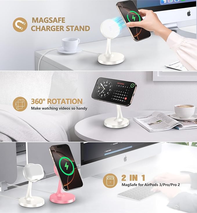 2 Pack Magnetic Wireless Charger iPhone, 15W Fast Mag-Safe Charger Stand for iPhone 17/17 Air/17 Pro/17 Pro Max 16/15/14/13/12 Series Magnet Wireless Charging Station/Pad for AirPods- Gifts Ideas