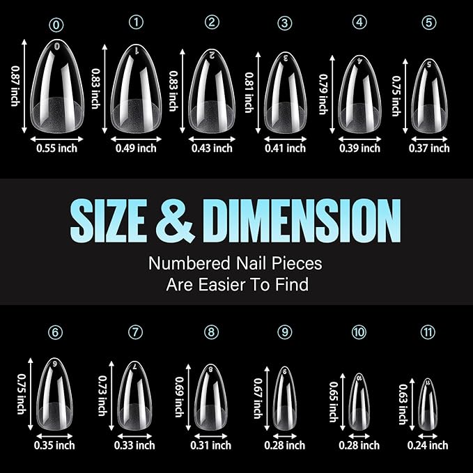 TOMICCA Medium Almond Nail Tips, 192Pcs 12 Sizes Acrylic Pre Buffed Medium Almond False Gel Tips, Full Cover Half Matte Nails for Nail Art Extension Press on Nails