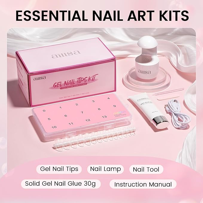 AILLSA Gel Nail Kit Medium Oval Nail Tips 224pcs, Solid Gel Nail Glue 30g for Acrylic Fake Nails, Gel Full Nail with Nail Lamp