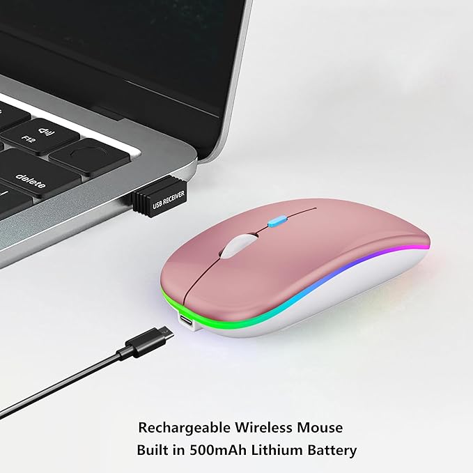 Wireless Bluetooth Mouse Rechargeable Laptop Mice with LED Lights Silent Slim Use(BT5.2 & 2.4G Portable USB) Dual Mode Computer Mouse for Laptop/iPad/Tablet/Apple/Computer/Mac(Rose Gold)