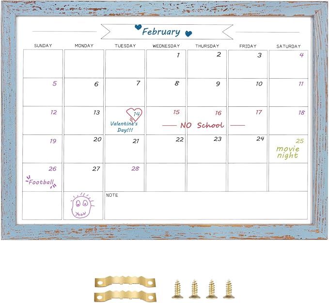 Dry Erase Monthly Calendar Whiteboard,10.6"x 14.6" Small Magnetic White Board for Wall, Hanging Board for Office/School/Home, Solid Pine Wood Frame (Blue)