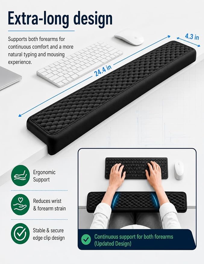Vaydeer Ergonomic Full-Length L-Shaped Elbow Rest Pad, Desk Edge Pad, Black | Soft Memory Foam Supports Elbow and Forearm, Desk Edge Cushion for Keyboard, Mouse, Office and Gaming Use