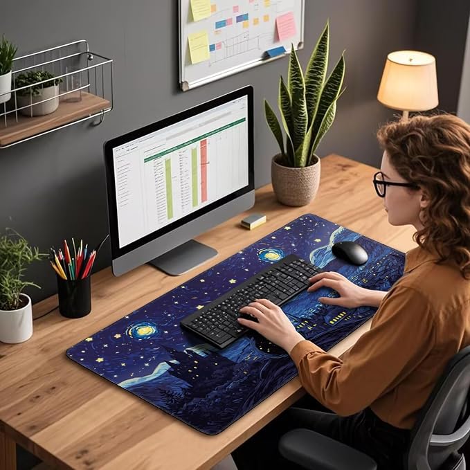 Starry Night Cat Large Gaming Mouse Pad Desk Mat 31.5"x15.7" | Extended Mousepad, Non-Slip Rubber Base , Stitched Edges, for Computer/Laptop/Office/Home