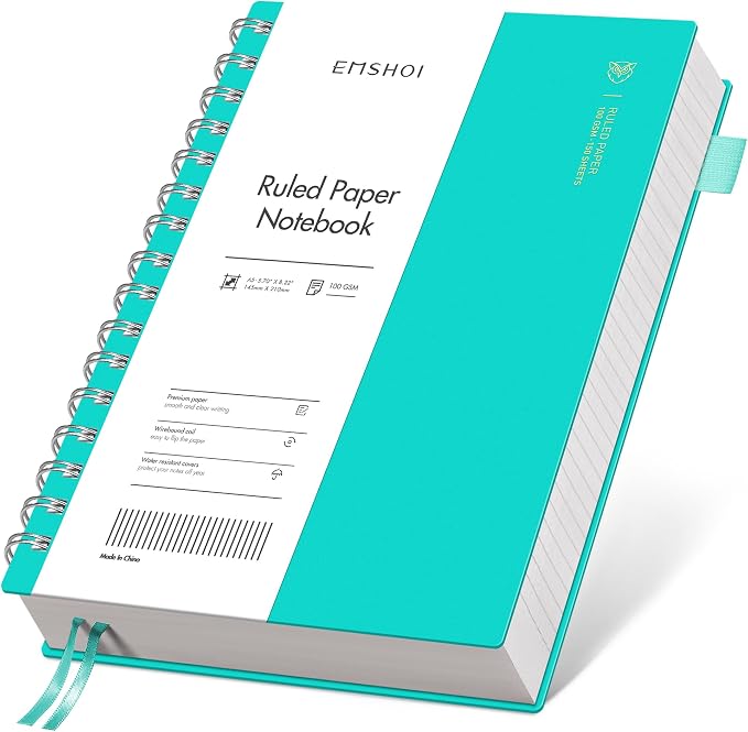EMSHOI Lined Spiral Journal Notebook, 300 Pages, A5 Size (5.7'' x 8.2'') | College Ruled, 100 GSM Thick Paper, Flexible Plastic Cover, for School, Writing, Work, Office & Journaling (Light Blue)