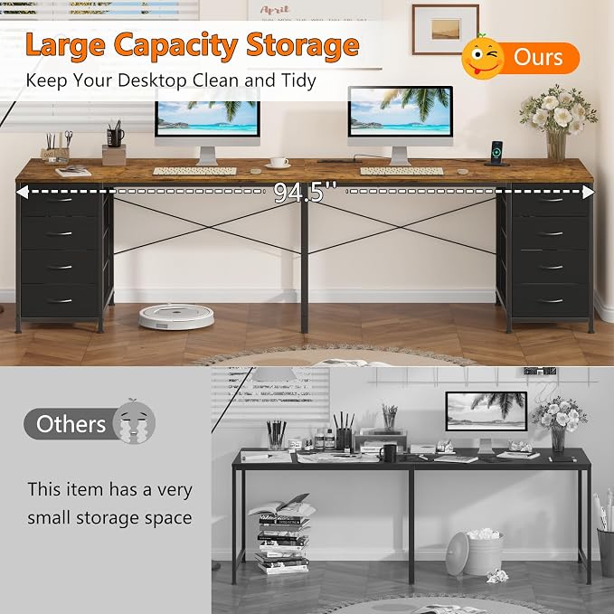95" 2 Person Desk with 8 Fabric Drawers for Home Office, Living Room | Long Computer Desk Office Desks with Storage, Two Person Double Desks with Power Outlets, Rustic Brown