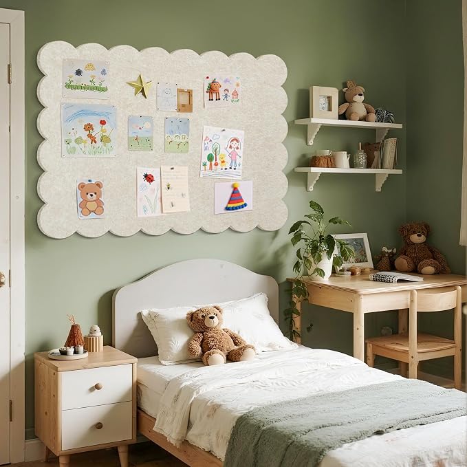 Scalloped Bulletin Board 48x36 inches, Decorative Felt Pin Board for Wall | Cute Cork Board Alternative with Push Pins, Foldable Display Vision Board for Photos, Notes & Reminders