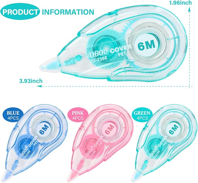 Vobou White Correction Tape Dispenser, Easy To Use Applicator for Instant Corrections, For school, Office (Blue,Green,Pink, 12pack, 6M/256, Tape Width 0.2in)