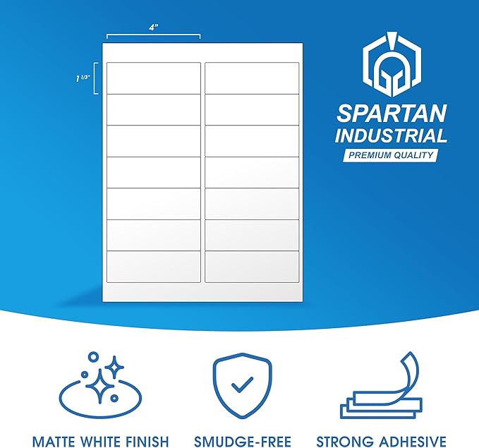 4" X 1 1/3" Matte White Printable Labels for Inkjet and Laser Printers - 250 Sheets, 3500 Address, Mailing, Shipping Labels for File Folders and Organization - Spartan Industrial Template R018