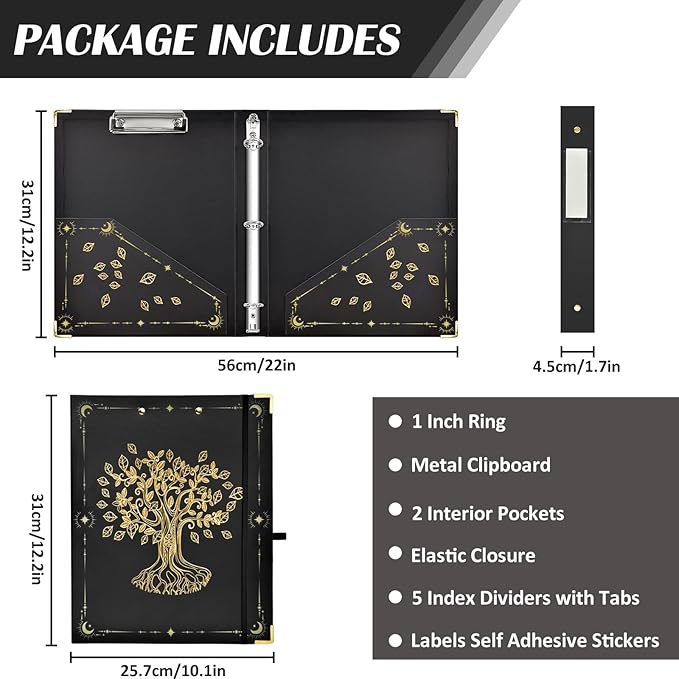 Fortune Tree 3 Ring Binder - 1 Inch, Fits A4 Paper, Decorative Clipboard with 5 Tab Dividers for School & Office