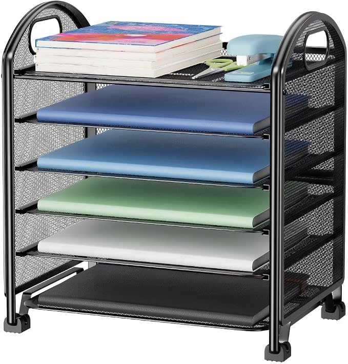 Simple Trending 6-Tier Desk File Organizer, Paper Organizer for Desk, Black | Letter Tray Holder with Handle. Sturdy Metal Frame. Non-slip Feet. Black for Office Home School. 13.1"L x 8.8"W x 14.3"H