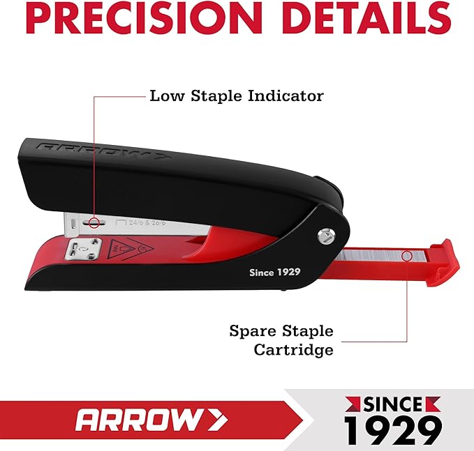 Arrow Office Stapler Set, 25 Sheet Capacity Metal Desk Staplers with 2100 Staples and Staple Remover, Half Strip Design and Non-Slip Base, Spare Staple Storage for Classroom, Office and Home, 2 Pack