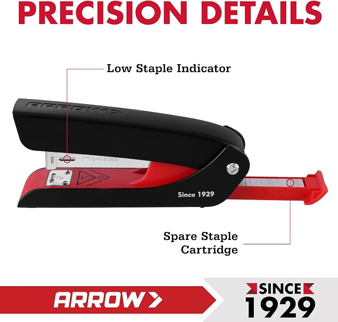 Arrow Office Stapler Set, 25 Sheet Capacity Metal Desk Stapler with 2100 Staples and Staple Remover, Half Strip Design and Non-Slip Base, Spare Staple Storage for Classroom, Office and Home | Metal Desk Stapler, 2100 Staples, Staple Remover, Non-Slip B...