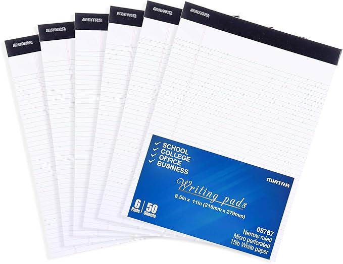 Mintra Office White Legal Pads – Ruled Notepads and Micro-Perforated Sheets, Ideal for Writing, Note-Taking & Creativity, Office, or Professional Use, Basic Pad 6 pack, 8.5"x11" (Narrow Ruled)