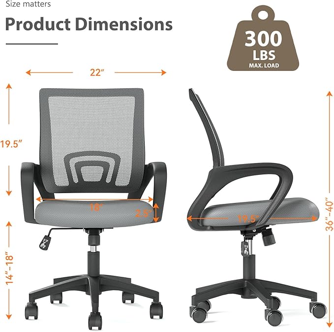 Home Office Chair, Ergonomic Mid-Back Mesh Desk Chair with Lumbar Support, Adjustable Swivel Rolling Design, Comfy Armrest for Work, Study, Gaming, Vanity (Light Gray, Double Chair)