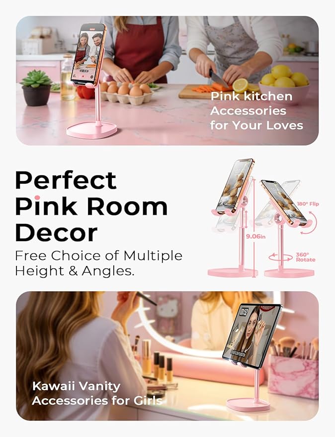 LISEN Pink Gifts Home Girls Room Decor for Desk Accessories, Cute Desk Pink Phone Stand Office Vanity Accessories for Girls Moms Bathroom Essentials Decor for iPhone Kindle Stand 4-10 inch Tablet