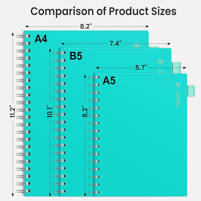 EMSHOI Lined Spiral Journal Notebook, 300 Pages, A5 Size (5.7'' x 8.2'') | College Ruled, 100 GSM Thick Paper, Flexible Plastic Cover, for School, Writing, Work, Office & Journaling (Light Blue)