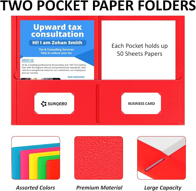 2 Pocket Folders, 5 Pack Folders with Pockets, Textured Paper File Folders | Fit Letter Size Paper, 5 Assorted Colors for Office, Home, Business, Back to School Supplies