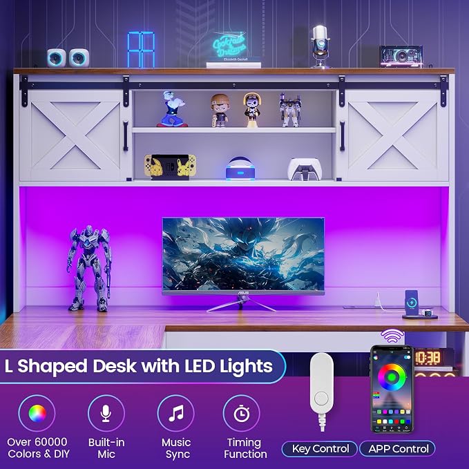 SEDETA 67" Farmhouse L Shaped Desk with Hutch, White+Brown | Home Office Desks with Drawers & Sliding Doors,Executive Corner Computer Desk with Storage Shelves,Power Outlets,LED Lights