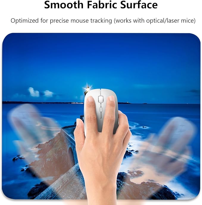 Coastal Lighthouse Blue Ocean Scenery Mouse Pad, Cute Durable Desk Mat | Night Scenic Design, Mousepad Stitched, Anti-Slip Base Smooth Surface, 9.5 x 7.9 Inches