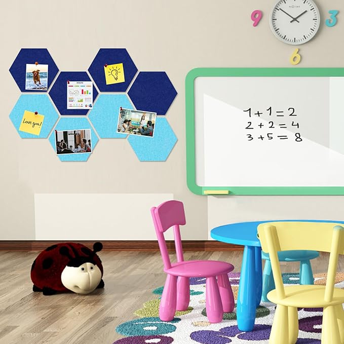 Large Hexagon Felt Cork Board Tiles, Self Adhesive DIY Felt Bulletin Board Pin Board with 35 Pushpins for Office School Home Wall Decor(Dark Blue+Sky Blue)