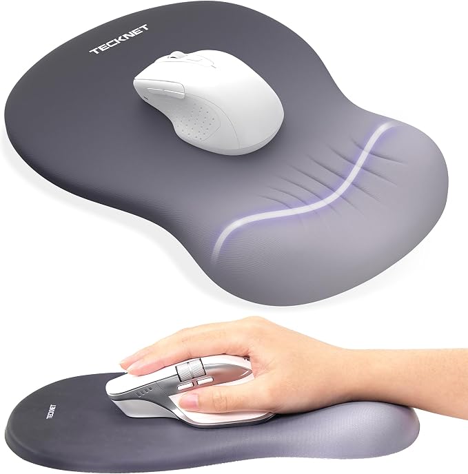 TECKNET Ergonomic Mouse Pad with Wrist Rest, Smooth Surface & Non-Slip Base | Memory Foam Mousepad with Wrist Support, Ergonomic Middle Concave for Laptop/PC, Pain Relief for Home Office Gaming, Gray