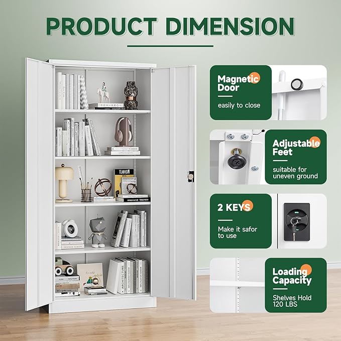 Metal Garage Storage Cabinets with Lock Door and Adjustable Shelves, Steel Tool Cabinets for Home,Office,Warehouse Organisieren (White, 72" H)