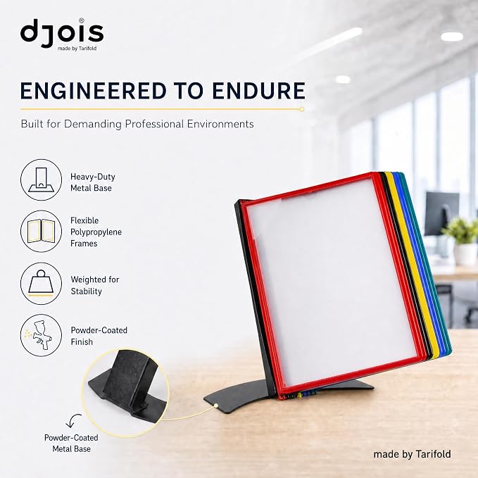 Tarifold Desktop Reference System, 10 Pockets, Easy-Load Design, Assorted | 10 Double-Sided Polypropylene Pockets, Holds 20 Letter-Size Sheets, Sturdy Metal Base, Quick and Easy to Assemble
