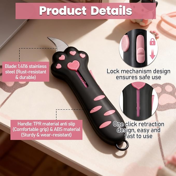 Cat Paw Box Cutter, Retractable Cat Claw Box Cutter with Plush Cat Keychain, Safe Package Opener Tool for Home and Office Use, Ergonomic Silicone Handle Design