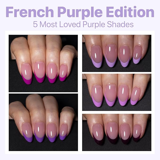 SXC Cosmetics French Tip Press On Nails 150 Pieces in 15 Sizes Ultra Fit with Pre-applied Tip Primer and Base Coat, No Need to File Fake Nails for Nail Art DIY X-Pro Tips (5PURPLE114-S Almond)