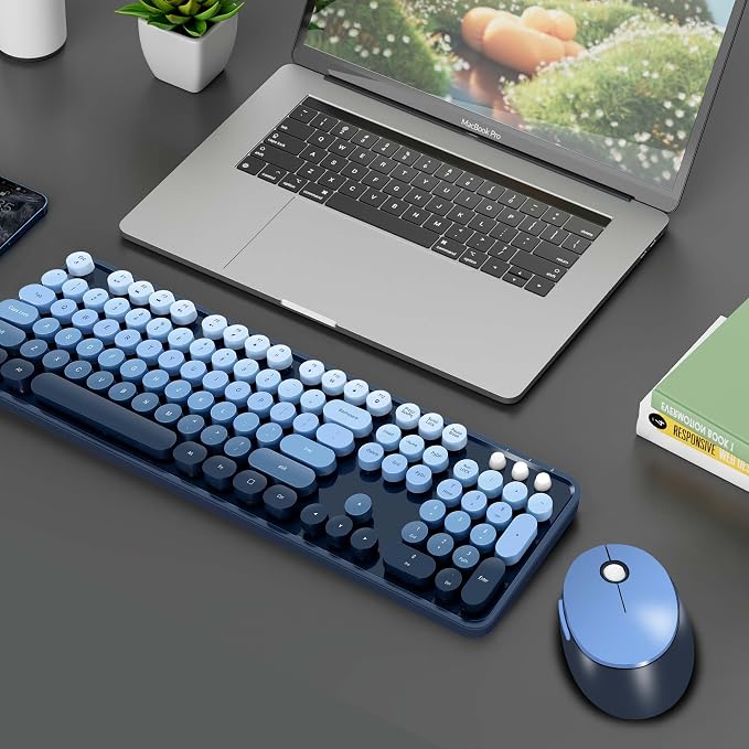 Wireless Keyboard Mouse, Cute Colorful 104 Keys Typewriter Blue | Full Size With Number Pad & Mouse,Compatible With All Windows,Ideal For Windows,1600DPI,Computer, PC, Notebook, Laptop