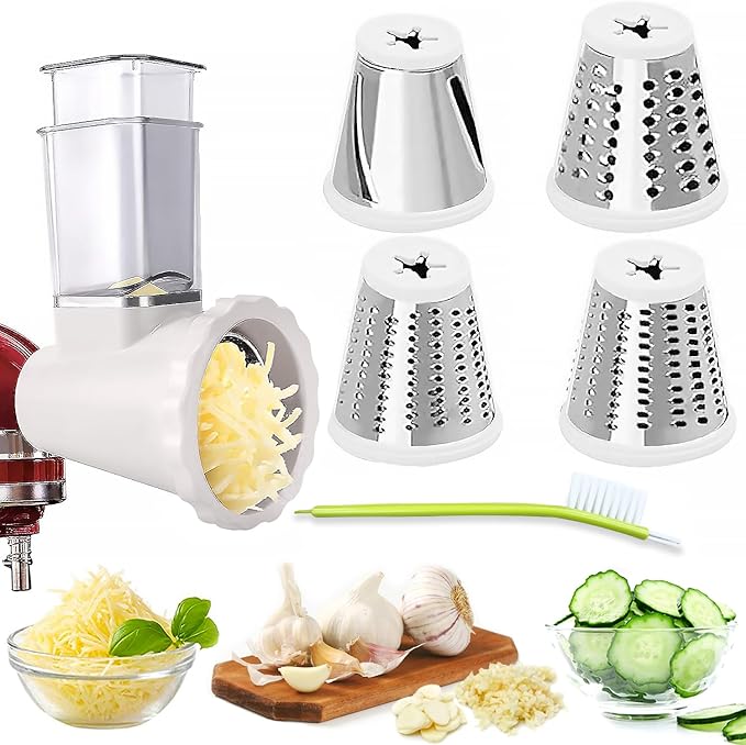 Upgraded Version - Cheese Grater Slicer Shredder Attachments for All KitchenAid Stand Mixers, Food Slicers Salad Maker Accessory Vegetable Chopper with 4 Blades Dishwasher Safe