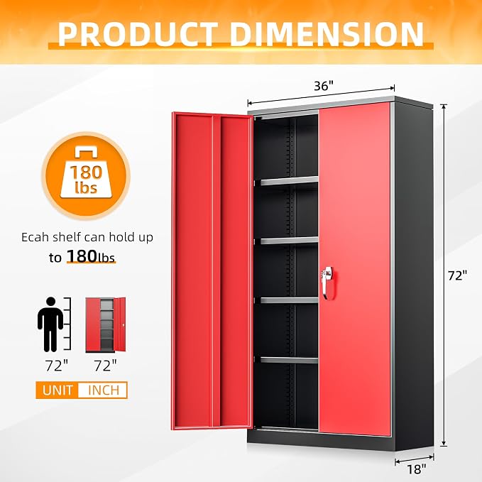 Metal Storage Cabinet with Doors, 72" Locking Steel Storage Cabinet with Shelves, Tall Metal Cabinet Lockable Steel Cabinets for Home Office, Garage,(Black+Red)