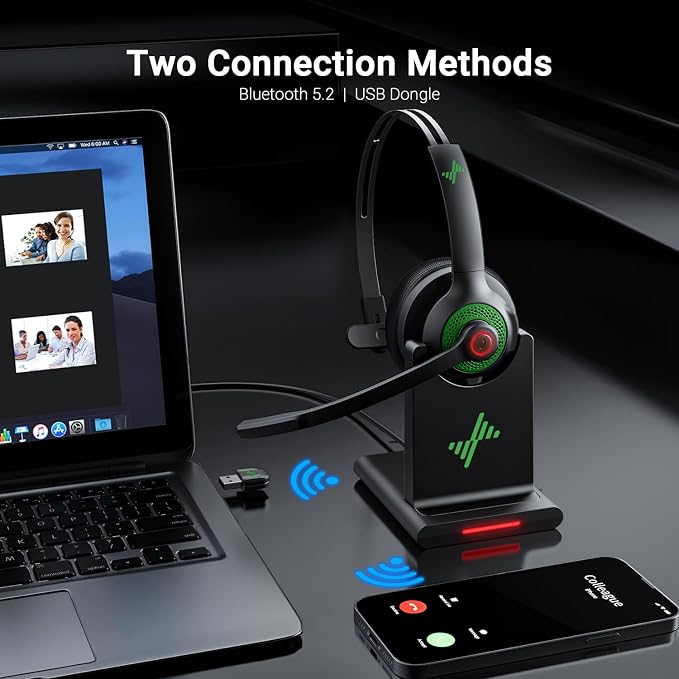 Bluetooth Wireless Headset with Mic for Work, Bluetooth 5.2, Advanced Noise Reduction Microphone, Clear Calls - Comfortable On-Ear Headphones, Applicable to PC, Laptop, Phone, Android, Zoom, Office