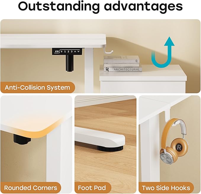 Small Standing Desk, 40" ×20" Electric White Standing Table, Height Adjustable Compact Sit Stand Desk with Splice Board, Home Office Table with 2 Hooks