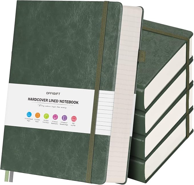 5 Pack College Ruled Notebook Bulk, A5, 312 Numbered Page Thick Journal Set | Cost-Effective 5 Pack 1600 Pages Total, 100gsm No Bleed Paper, Leather Hardcover, Lay-Flat, for Writing, Work, Employee Gifts