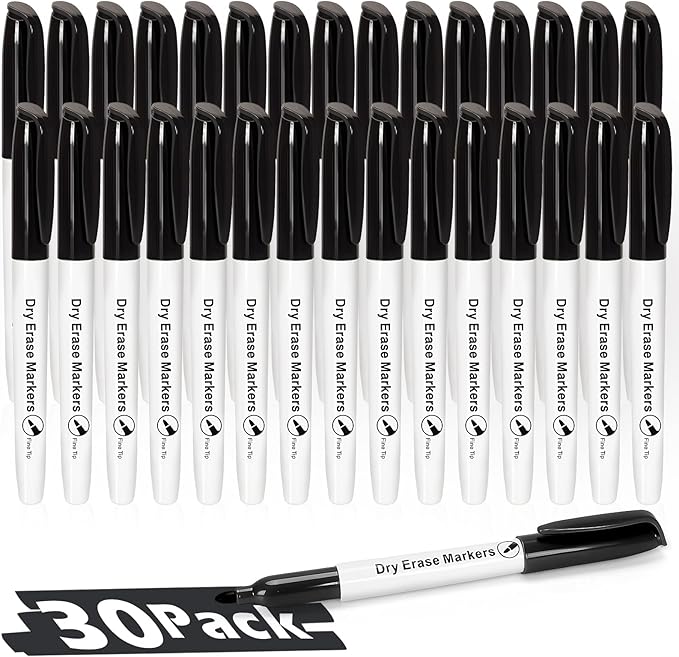 V-Opitos 30 Pack Fine Tip Dry Erase Markers - Bulk Whiteboard Erasable Black Markers, Ideal for School Classroom Office Supplies, Non-Toxic & Easy Clean for White board